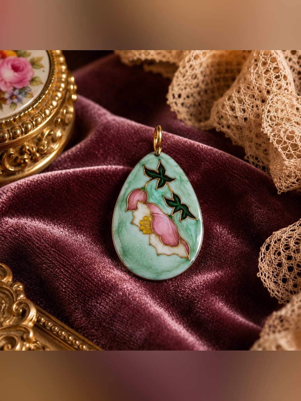 Estate Green, Pink & White Floral Cloisonné Pendant